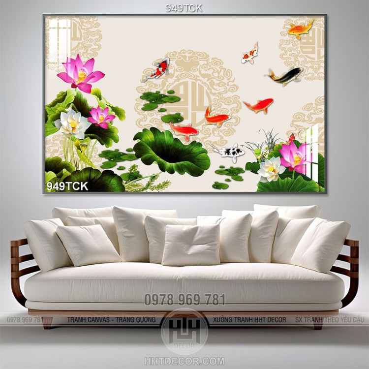 Tranh hoa sen và cá chép đẹp in uv wall 3d