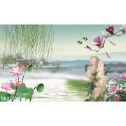 Tranh hoa sen và ngôi nhà và hồ nước psd wall