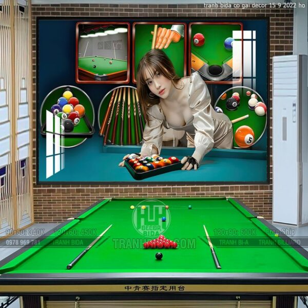 tranh bida co gai decor 15 9 2022 ho là dòng tranh đang được các tiệm phòng BiDa yêu thích lựa chọn để trang trí cho cửa hàng kinh doanh phòng BiDa của mình