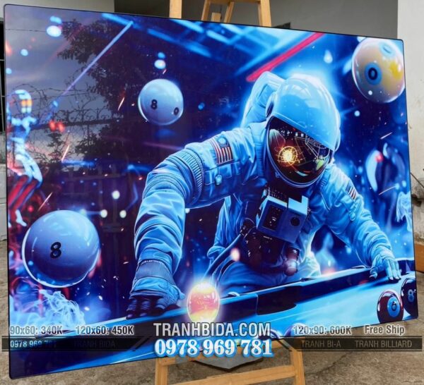 Tranh treo tường BILLIARDS Phi Hàng Gia Thám Hiểm bức tranh tráng gương với chủ đề bida, có nhân vật phi hành gia đang chơi bida trong không gian
