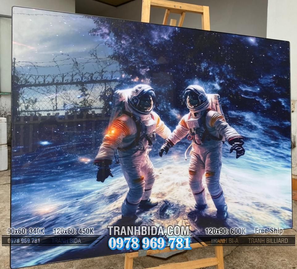 Tranh treo tường BILLIARDS Phi Hàng Gia Thám Hiểm Vũ Trụ bức tranh tráng gương với chủ đề bida, có nhân vật phi hành gia đang chơi bida trong không gian