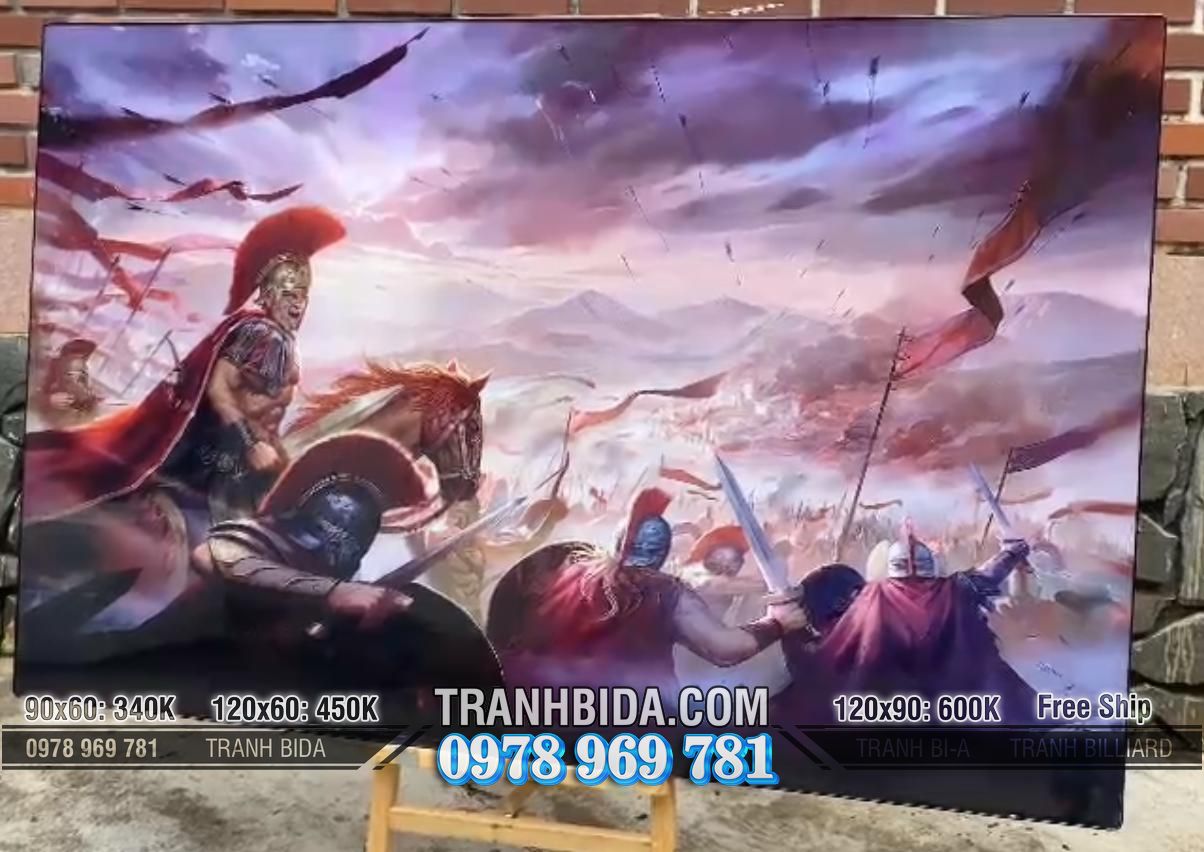 Tranh treo tường Phòng Billiards Binh Linh Chien Dau cảnh tượng hùng tráng của tran chien lịch sử gam màu đỏ, tím và xanh đen, tạo cảm giác mạnh mẽ